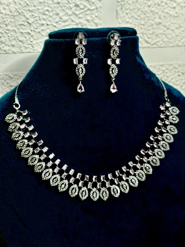 Classic Pink Crystal Leaf Necklace Set - Image 2