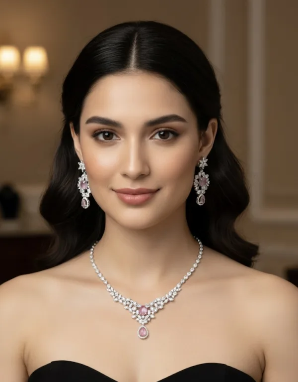 Elegant Pink Floral Stone Necklace Set