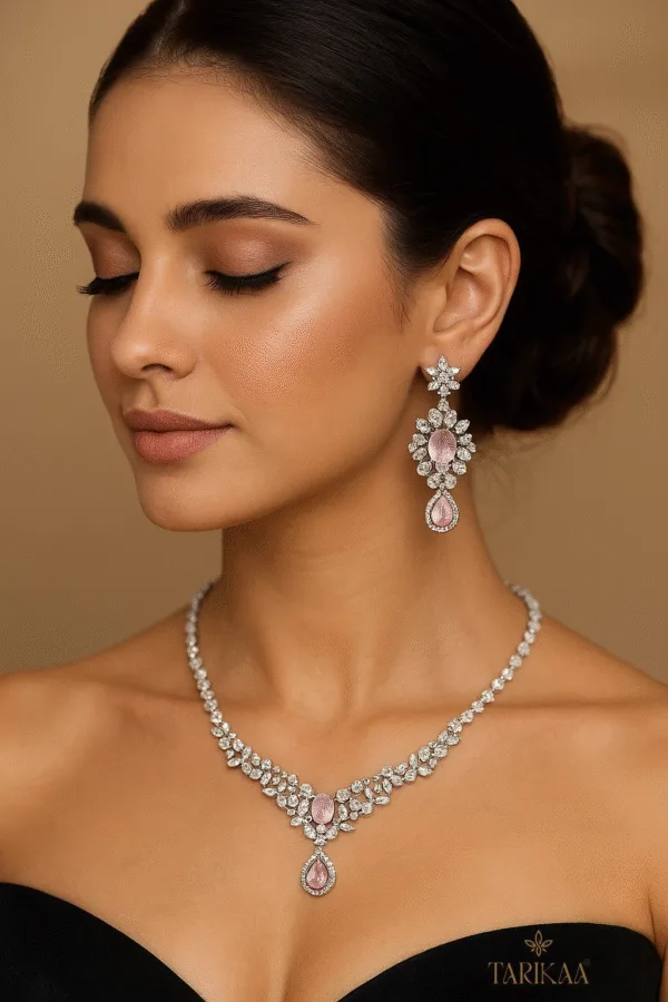 Elegant Pink Floral Stone Necklace Set - Image 3